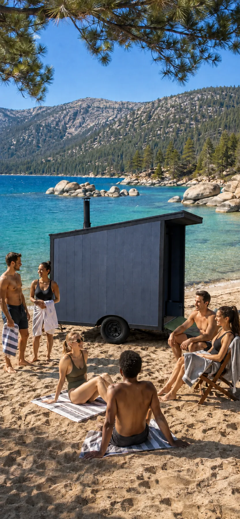 Friends relaxing on the beach beside a wood-fired mobile sauna at a mountain lake