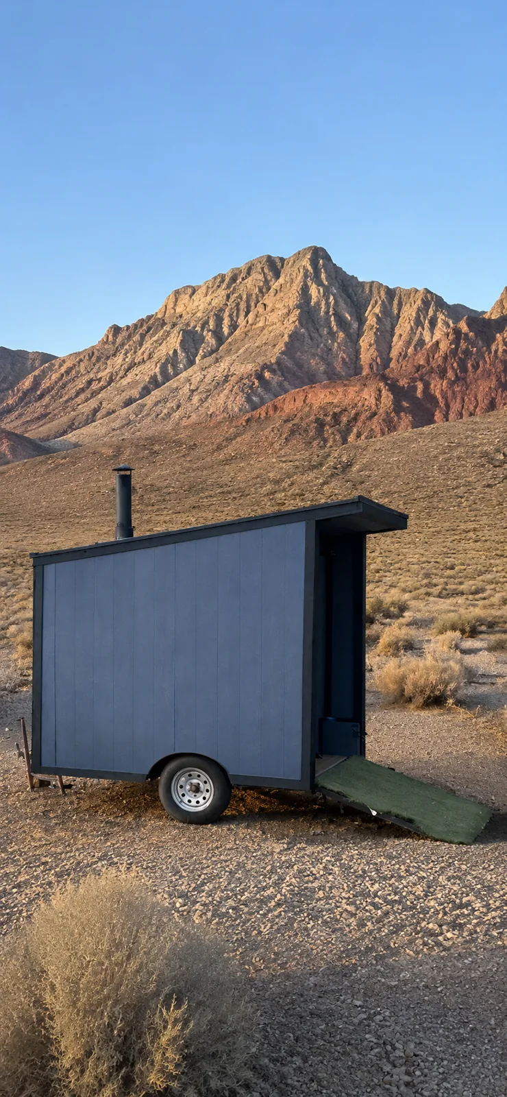 Wood-fired sauna on a trailer parked in the desert at golden hour